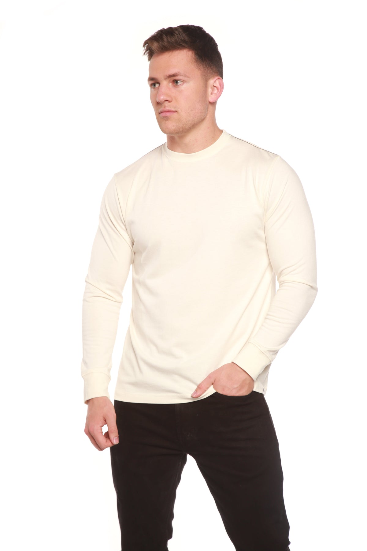 Men's long sleeve T-shirt by Spun Bamboo made of bamboo viscose and organic cotton, shown in a natural fit with a crew neckline.