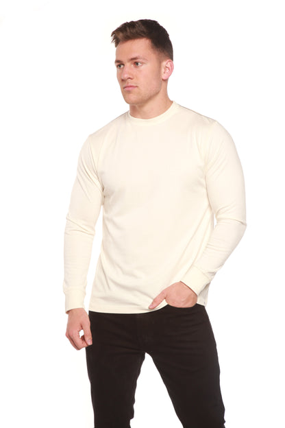 Men's long sleeve T-shirt by Spun Bamboo made of bamboo viscose and organic cotton, shown in a natural fit with a crew neckline.