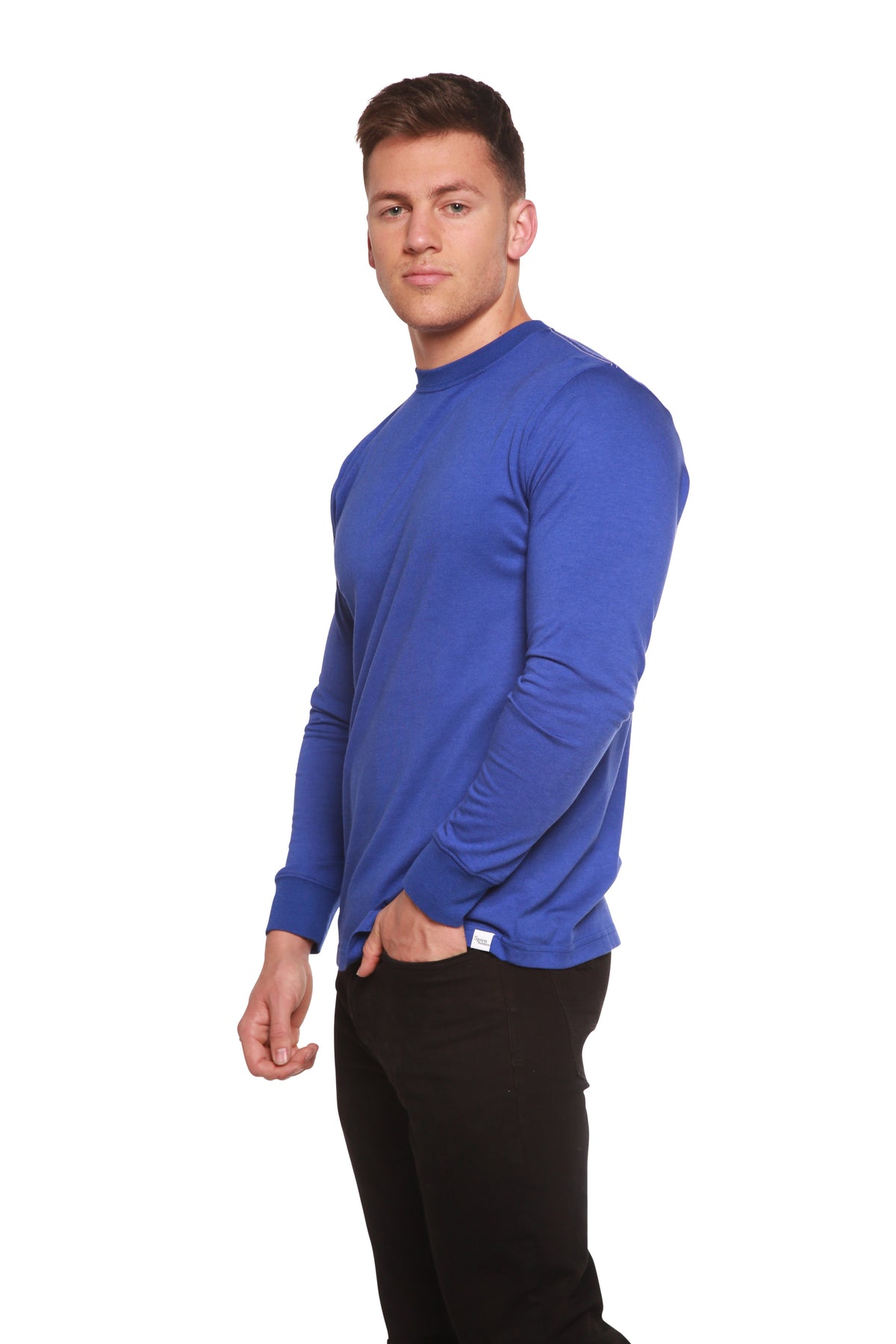 Men's long sleeve T-shirt by Spun Bamboo in bamboo viscose and organic cotton, shown in natural fabric detail and relaxed fit.