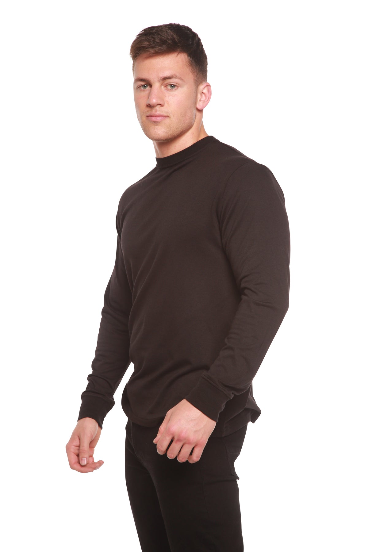 Men's long sleeve T-shirt made from bamboo viscose and organic cotton by Spun Bamboo, shown in a natural fit and soft fabric.