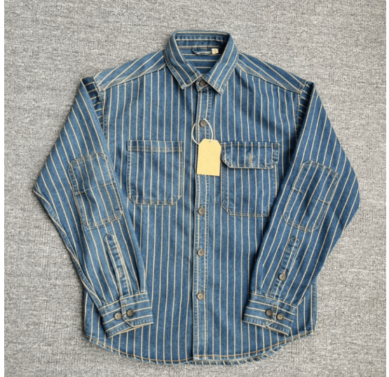 Men's Retro Denim Striped Cargo Shirt - 100% Cotton - BACKUPMYFILESNOW