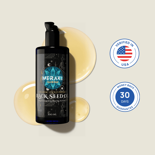 High potency cold-pressed organic black seed oil with 3% thymoquinone from Meraki Medicinal in a glass bottle.