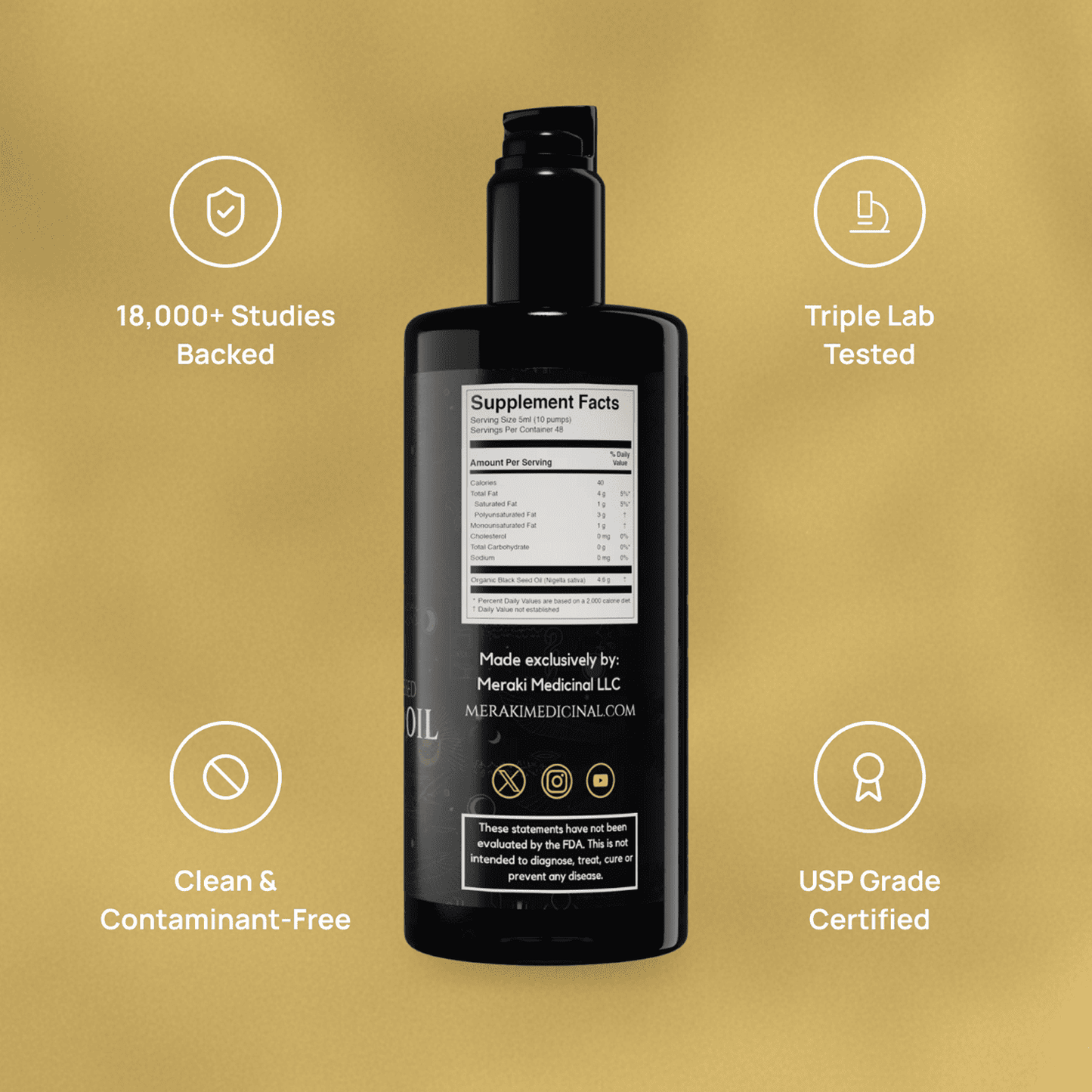 High potency cold-pressed organic black seed oil by Meraki Medicinal showing dark glass bottle with black seed oil inside.