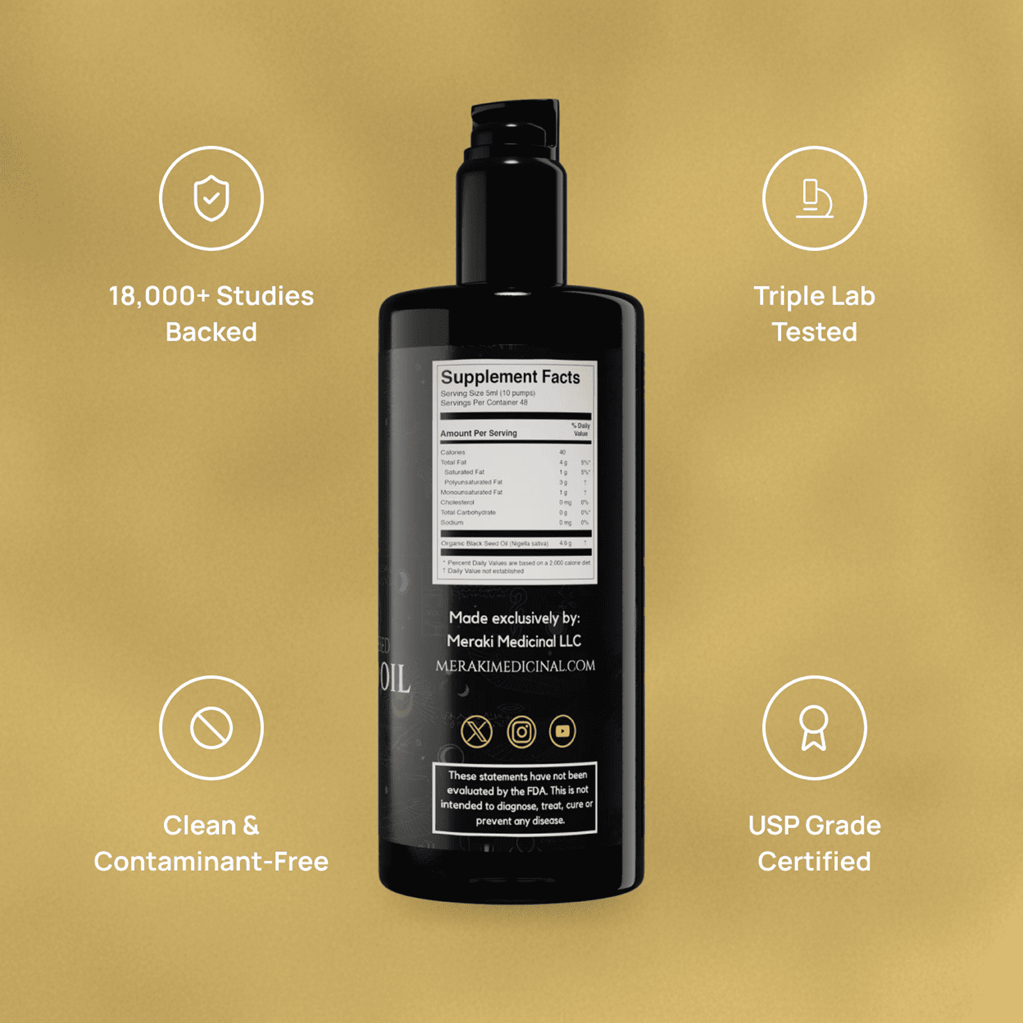 High potency cold-pressed organic black seed oil by Meraki Medicinal showing dark glass bottle with black seed oil inside.