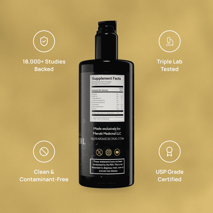 High potency cold-pressed organic black seed oil by Meraki Medicinal showing dark glass bottle with black seed oil inside.