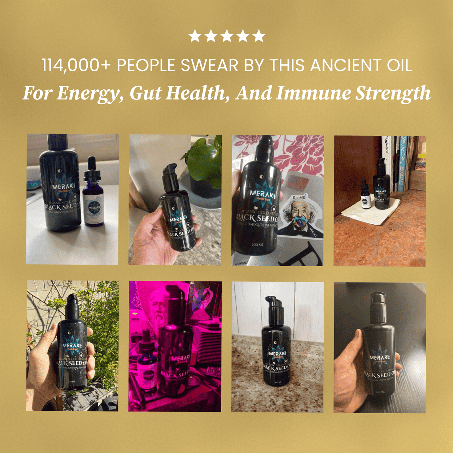 High potency cold-pressed organic black seed oil by Meraki Medicinal, featuring 3% Thymoquinone in a glass bottle.