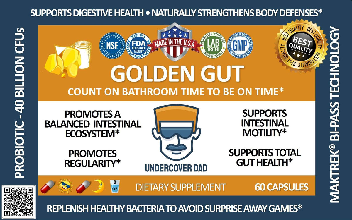 Golden Gut probiotic supplement by Undercover Dad, LLC, featuring a bottle with 40 billion CFUs and dietary supplement capsules.