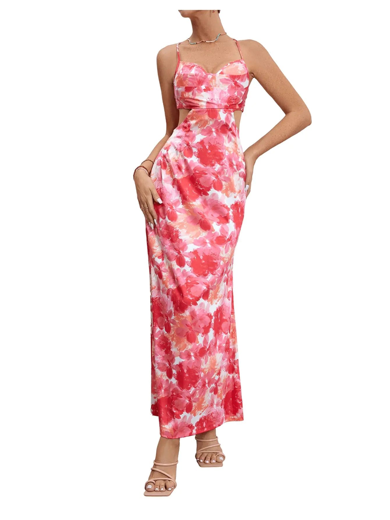 Milumia Womens Floral Cut Out Backless Maxi Dress Ruched Sleeveless Long Cocktail Party Dresses Pink Medium - BACKUPMYFILESNOW