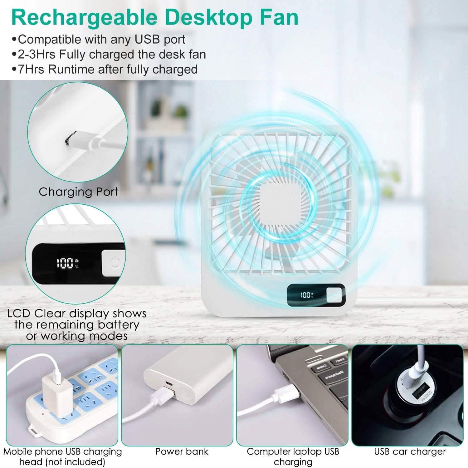 Mini Desktop Cooling Fan Rechargeable Battery Powered with LCD Display - BACKUPMYFILESNOW.COM®