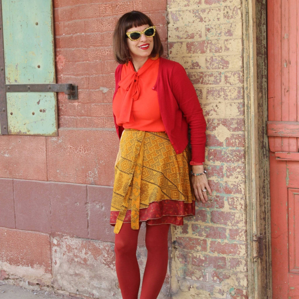 Knee-length mini sari wrap skirt by Darn Good Yarn featuring eco-friendly yarn, crochet knit, boho style, and plus size women's clothing.