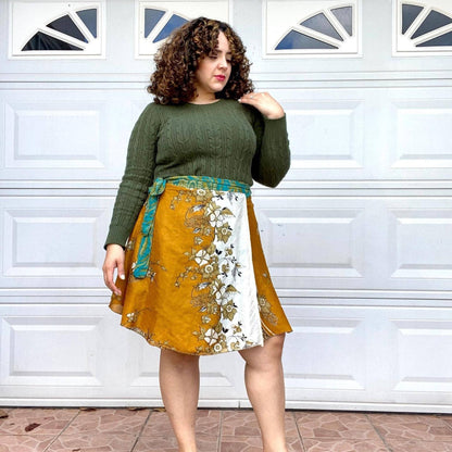 Knee-length mini sari wrap skirt made with eco-friendly yarn by Darn Good Yarn, featuring crochet and boho-style design for women.