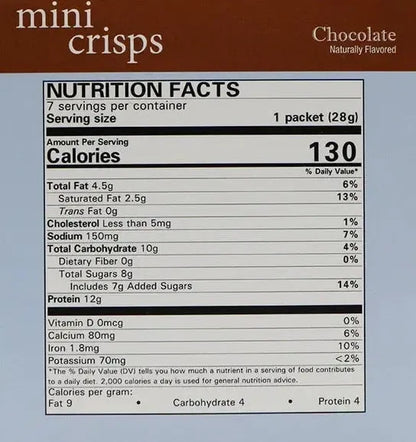 AmBari Nutrition Chocolate Mini Crisps in a bowl, showing small chocolate snack pieces perfect for snacking or desserts.