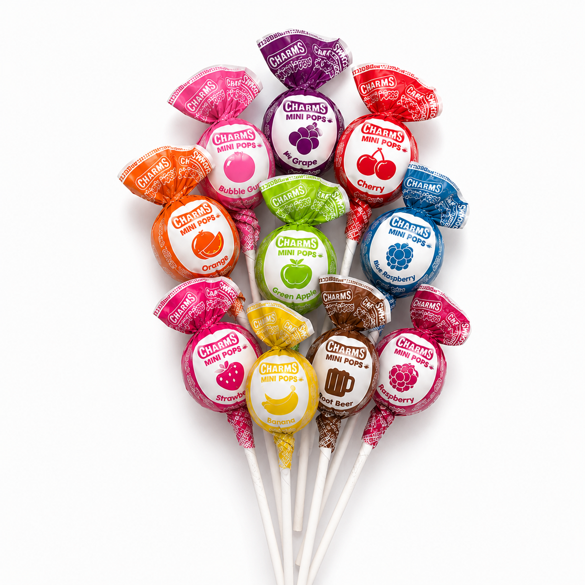 Assorted Candy In Bulk Charms Mini Pops in a variety of flavors, colorful mini lollipops displayed in a bulk value bag.