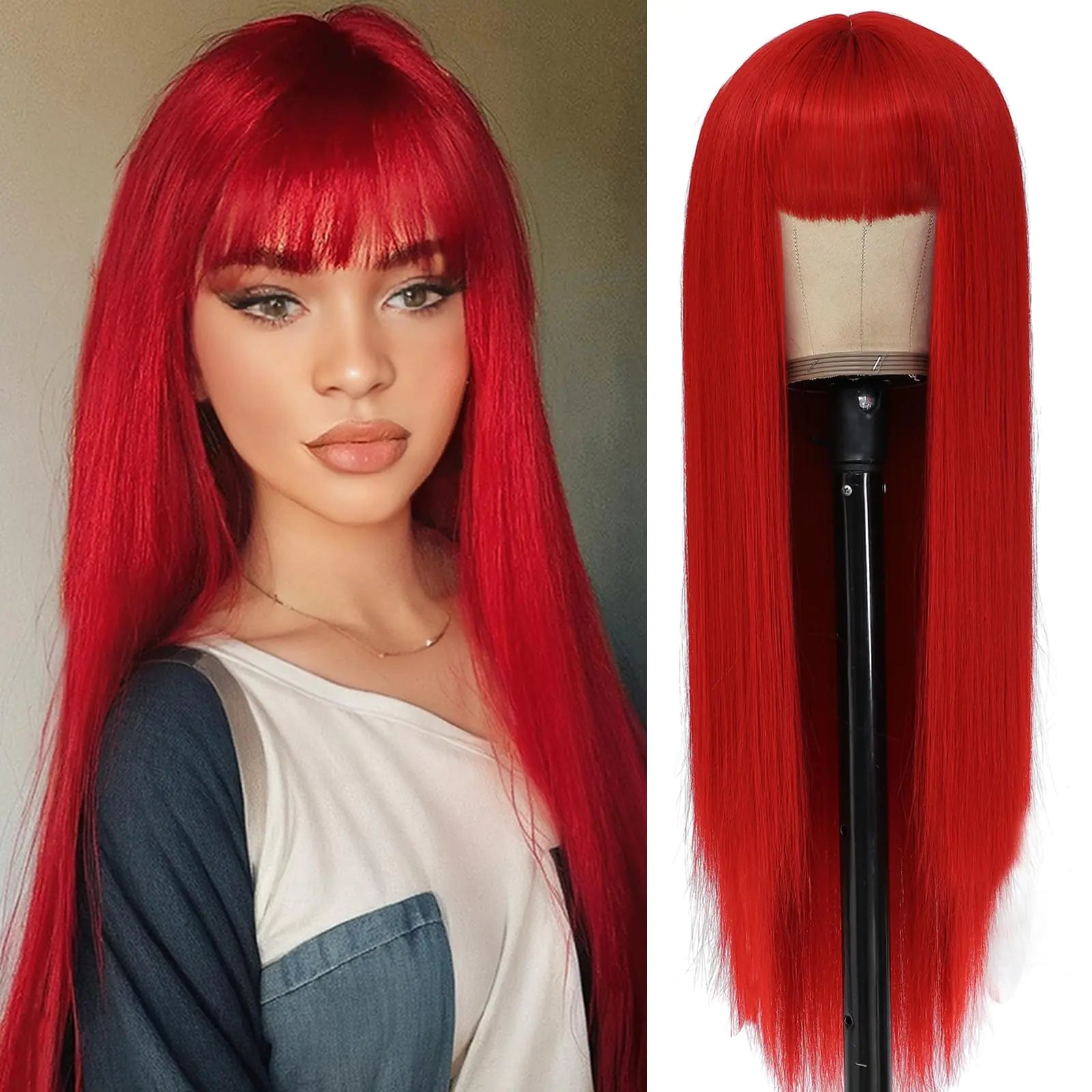 MINSEEYOO Long Red Wig with Bangs for Women Straight Hair Wigs Red Wigs Heat Resistant Synthetic Wigs - BACKUPMYFILESNOW