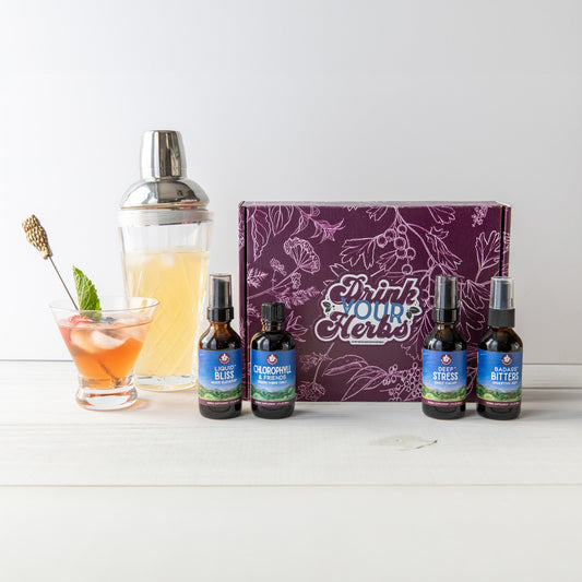 WishGarden Herbs mocktail essentials kit with gift box featuring herbs, mixers, and tools for adult non-alcoholic beverages.