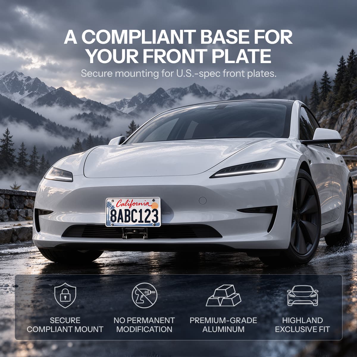 Tesla Model 3 Highland US license plate holder with aluminum bracket, standard frame for secure vehicle mounting.
