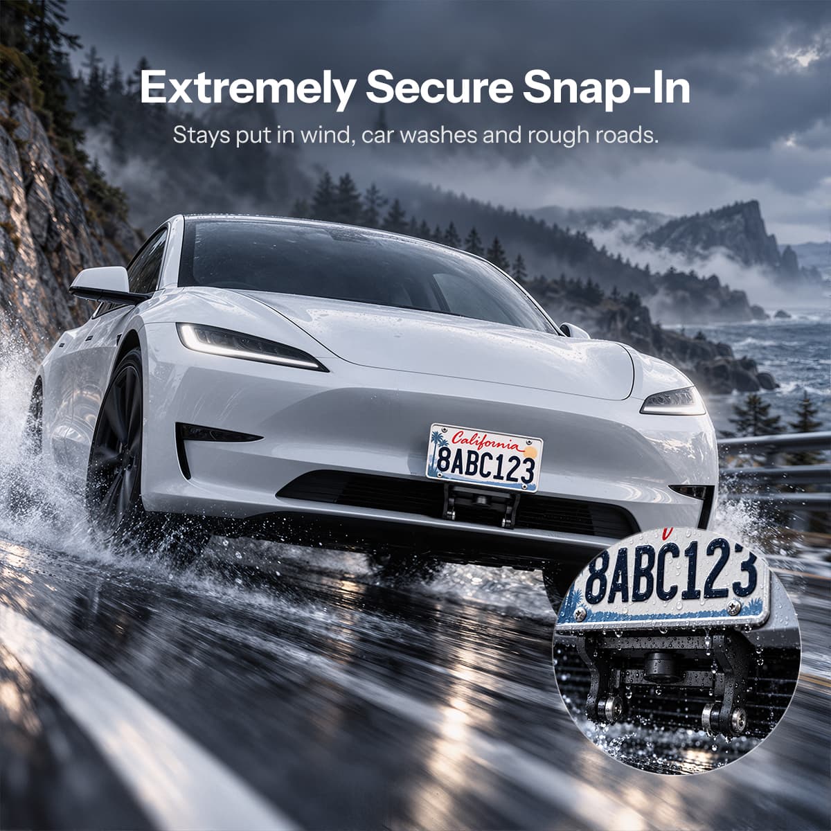 Tesla Model 3 Highland US standard license plate holder with aluminum bracket, durable license plate frame for secure mounting.