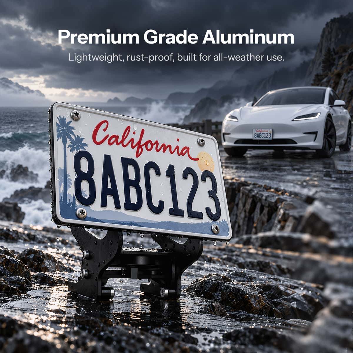 Tesla Model 3 Highland US standard license plate holder with aluminum bracket, durable frame for secure vehicle mounting.