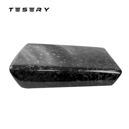 Tesla Model Y/3 armrest cover in dry carbon fiber for interior enhancements, featuring a sleek and durable carbon fiber finish.