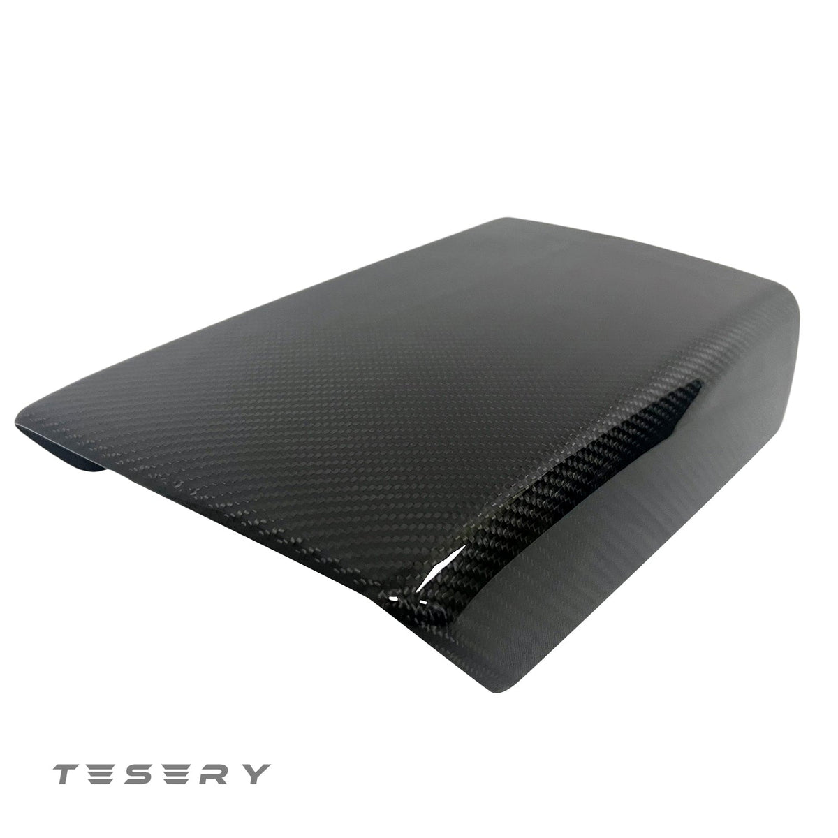 Tesla Model Y or 3 armrest cover in dry carbon fiber for interior modifications, showcasing sleek, textured carbon fiber material.