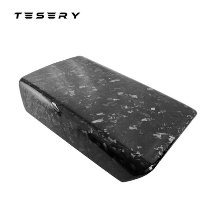 Tesla Model Y/3 armrest cover in dry carbon fiber with sleek interior mod design, compatible with Model Y and Model 3 vehicles.