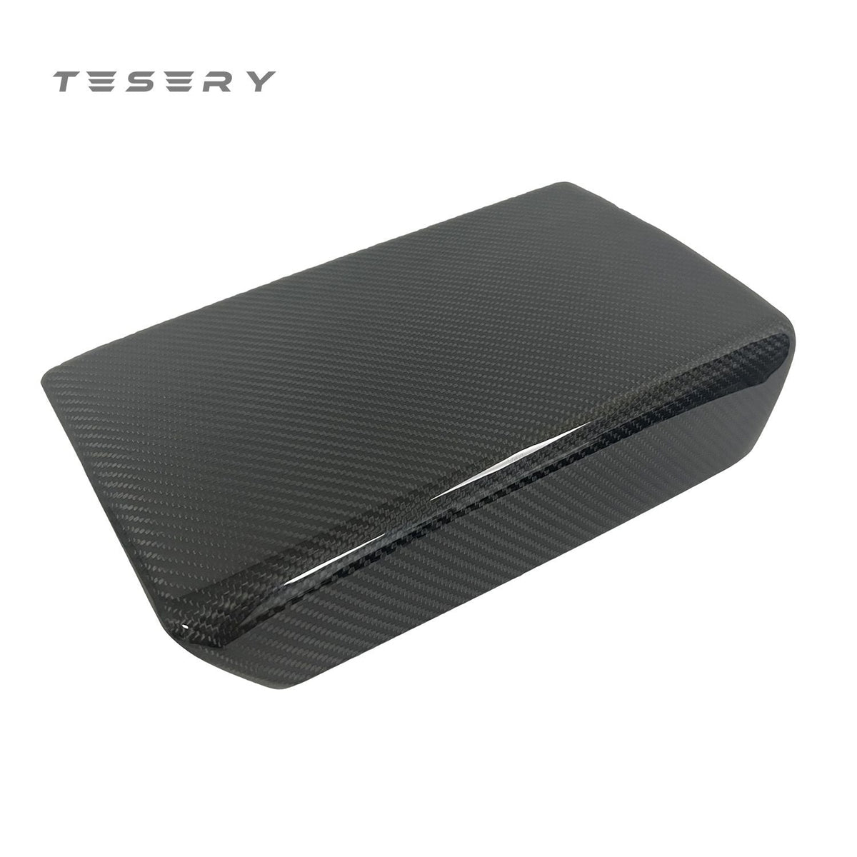 Tesla Model Y and 3 armrest cover in dry carbon fiber, interior mod by Tesery, showcasing sleek, textured carbon fiber finish.