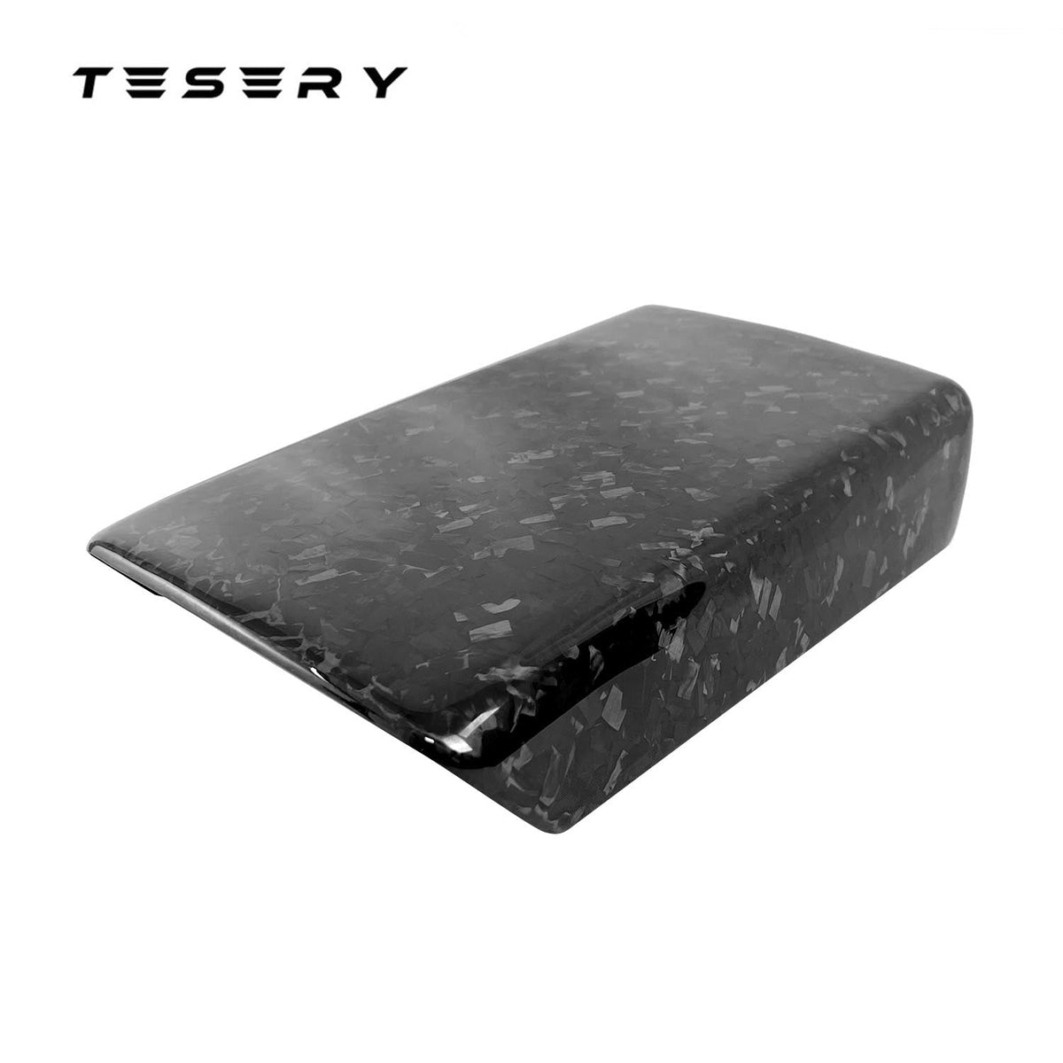 Tesla Model Y and 3 armrest cover in sleek dry carbon fiber for interior enhancement, designed by Tesery Official.