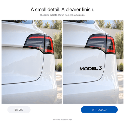 Tesla Model 3/Y/S/X tailgate emblem badge by Tesery, sleek chrome badge for vehicle front or rear tailgate.