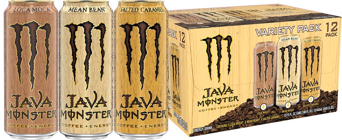 12-pack of Monster Java Monster Loca Mocha coffee and energy drinks, 15 ounces each, with chocolate and coffee flavor.