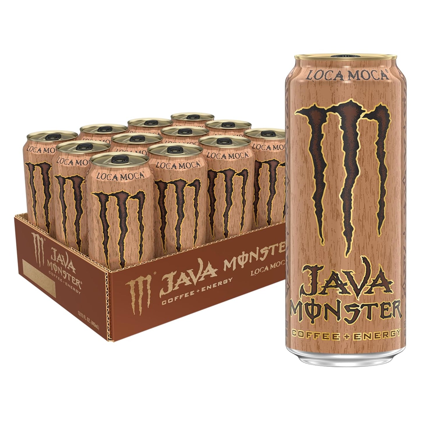 Pack of 12 Monster Java Monster Salted Caramel coffee energy drinks in 15 oz cans, featuring Monster branding and caramel flavor.