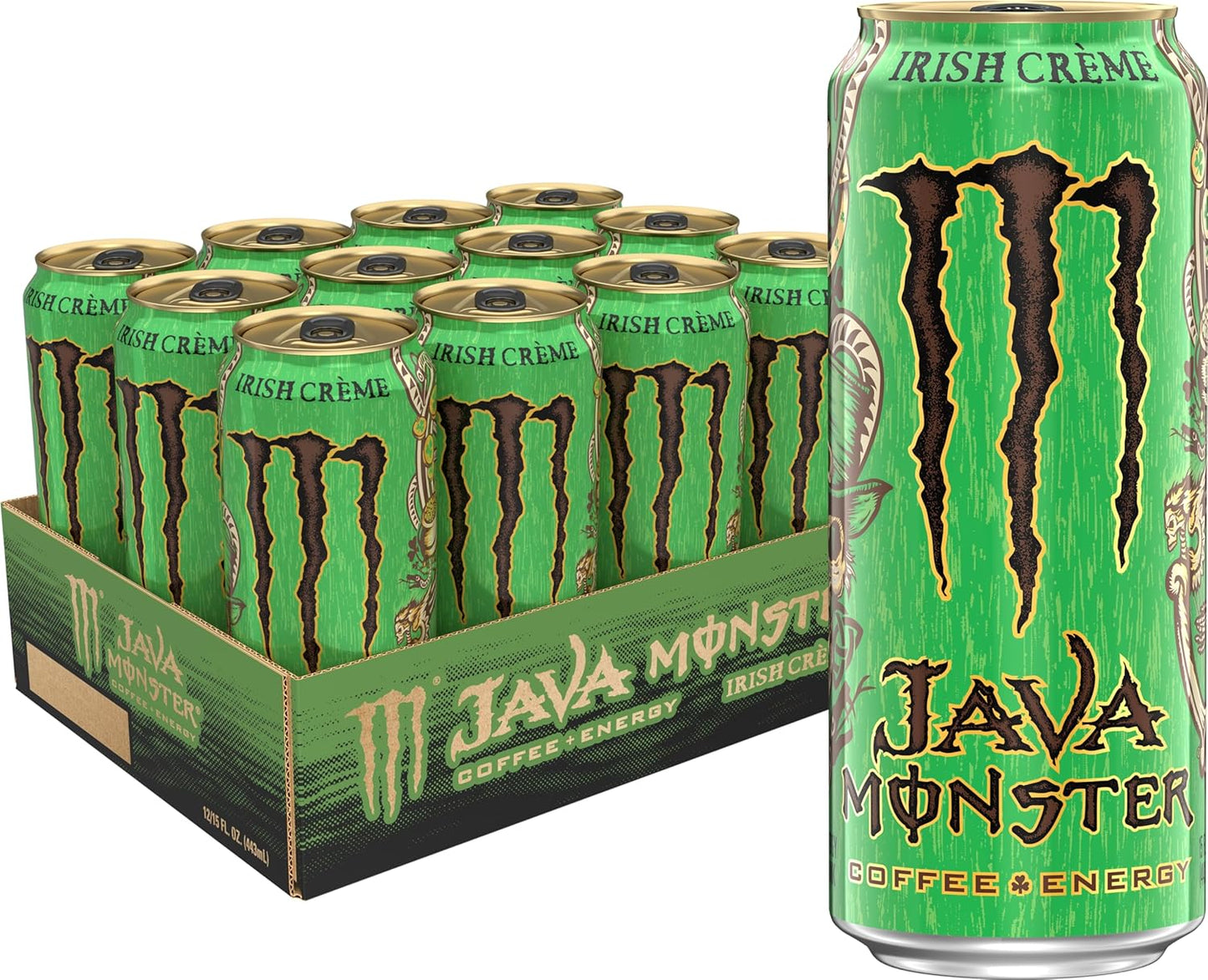12-pack of Monster Java Monster Salted Caramel coffee energy drinks, 15 fl oz bottles with caramel flavor and Monster branding.