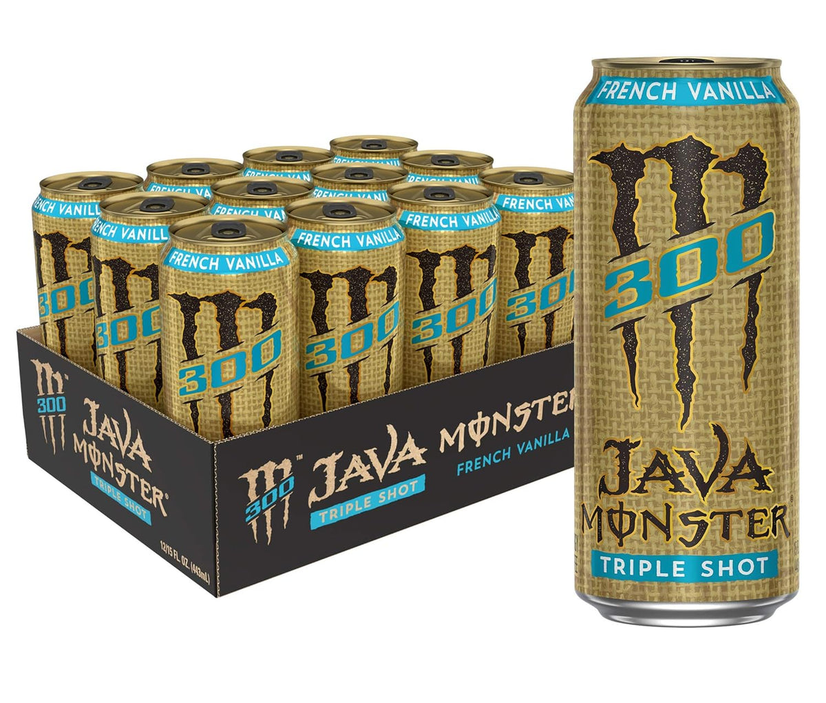12-pack of Monster Java Monster Salted Caramel Coffee Energy Drinks, 15 fl oz cans, featuring salted caramel flavor and Monster branding.