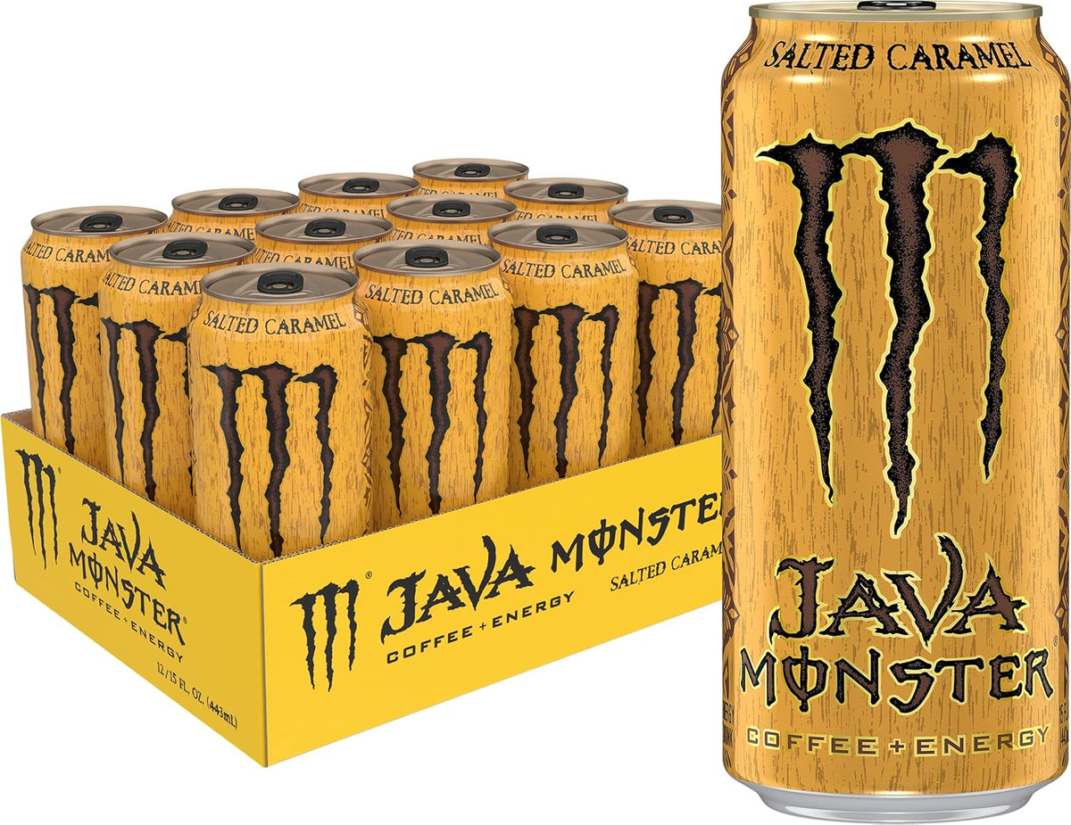 12-pack of Monster Java Monster Salted Caramel coffee energy drinks in 15 fl oz cans, featuring caramel flavor and Monster branding