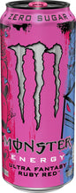 Monster Energy Ultra Fantasy Ruby Red sugar-free energy drink in a 16-ounce can with vibrant branding and bold design.