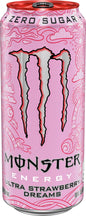 Monster Energy Ultra Strawberry Dreams sugar-free energy drink in a 16oz can with vibrant pink and red design.