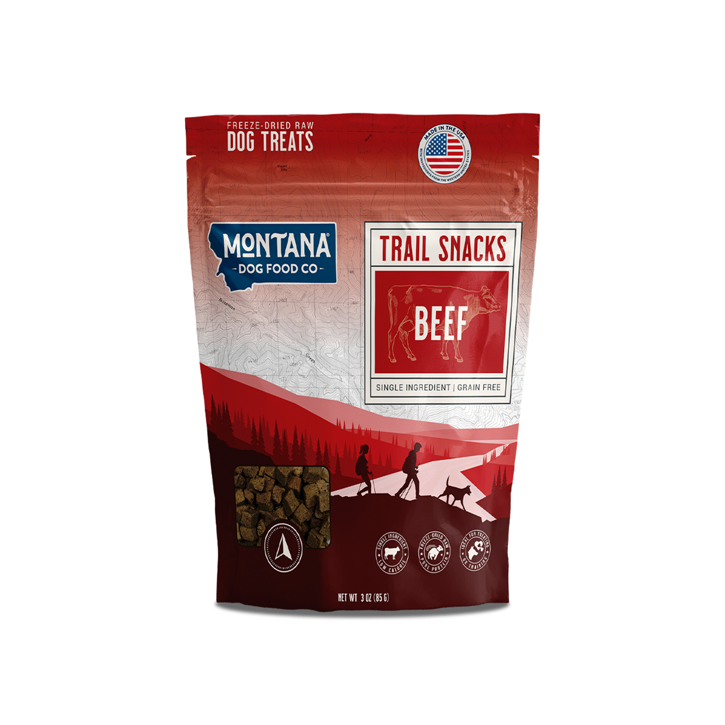 Freeze-dried beef heart dog treats from Montana Dog Food Co, 3oz, showcasing raw, natural snack pieces for dogs.