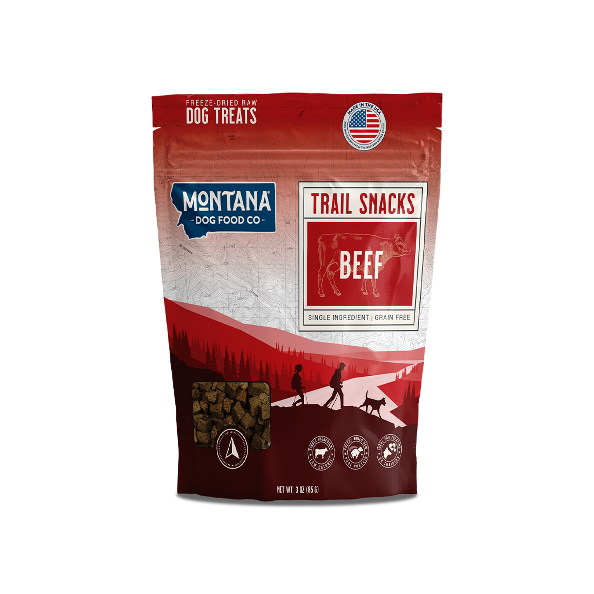 Freeze-dried beef heart dog treats from Montana Dog Food Co, 3oz, showcasing raw, natural snack pieces for dogs.