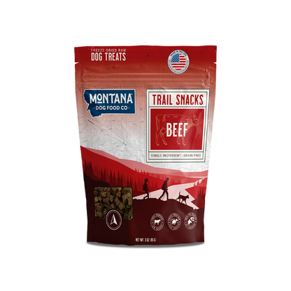 Freeze-dried beef heart dog treats from Montana Dog Food Co, 3oz, showcasing raw, natural snack pieces for dogs.