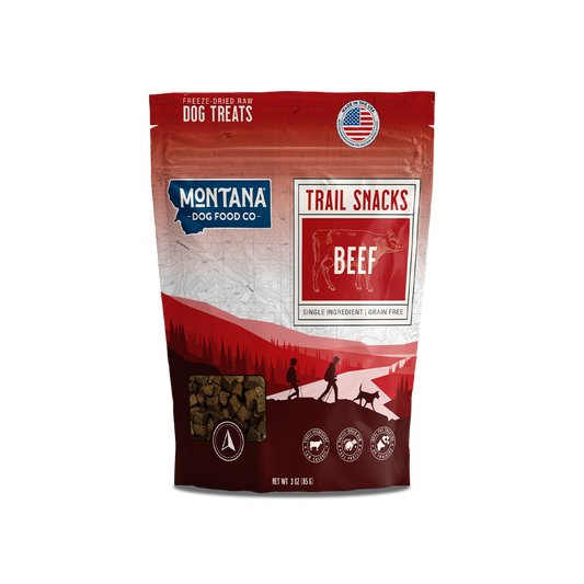 Beef heart freeze-dried dog treats in a 3oz bag from Montana Dog Food Co, showing the crunchy raw snack pieces.