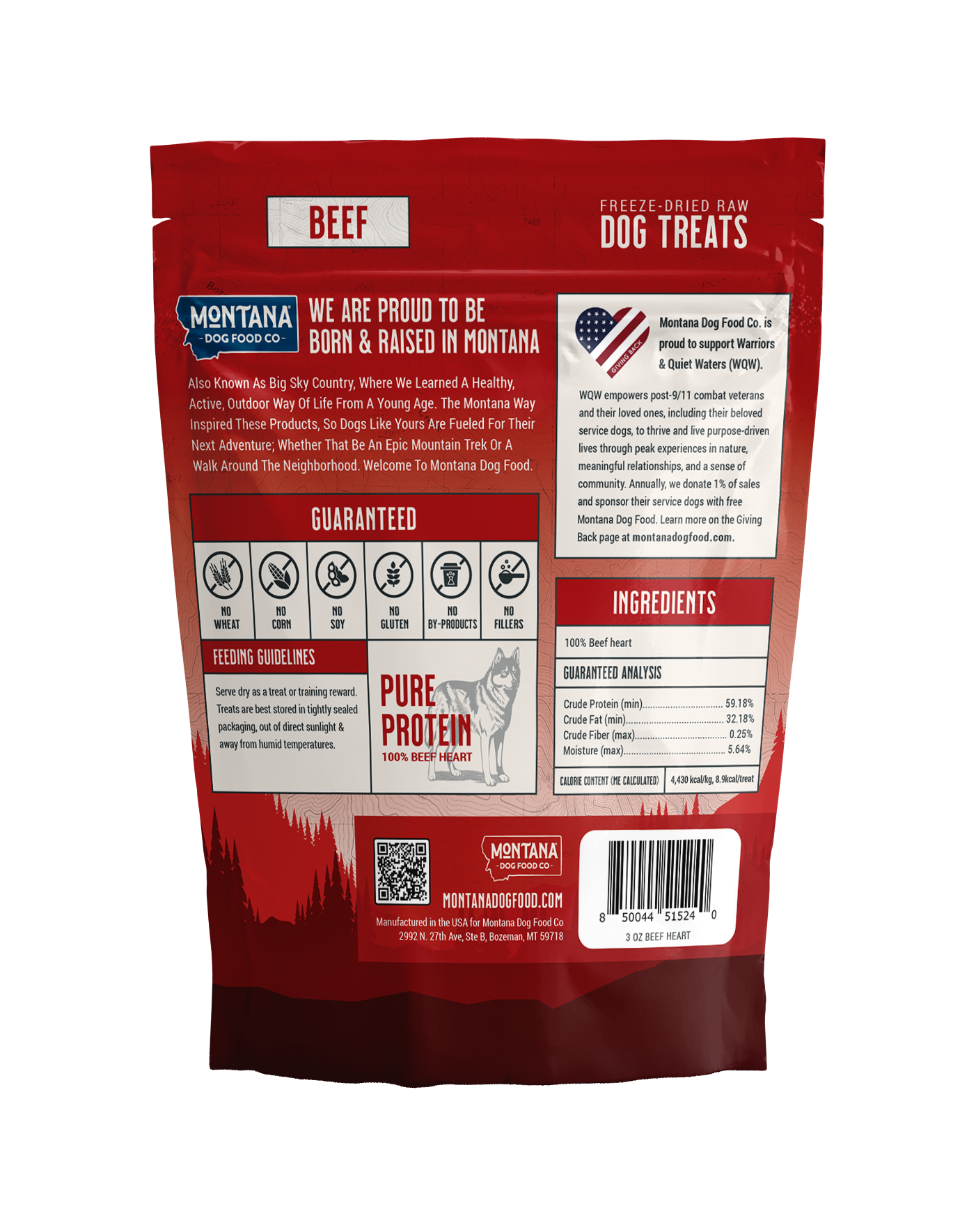 Montana Dog Food Co beef heart freeze-dried raw trail treats for dogs in a 3oz package, showing the dog treats on the packaging