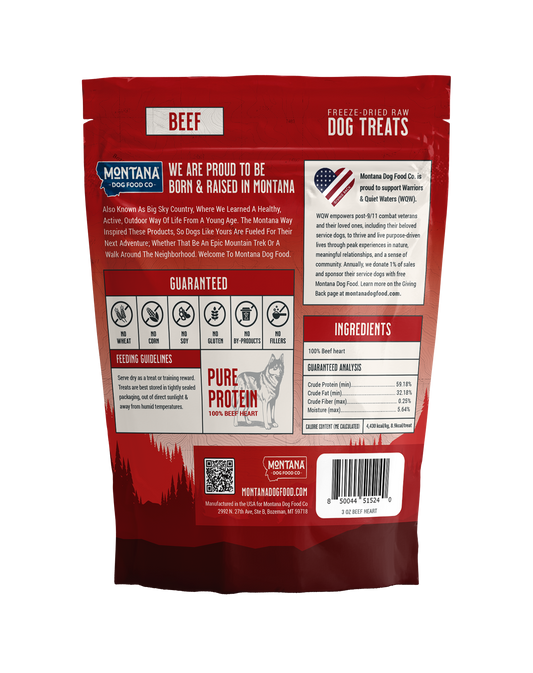Freeze-dried beef heart dog treats by Montana Dog Food Co, showing a 3oz package of raw, natural dog treats.