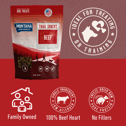 Beef heart freeze-dried raw dog treats in a 3oz package by Montana Dog Food Co, ideal for healthy dog snacking.
