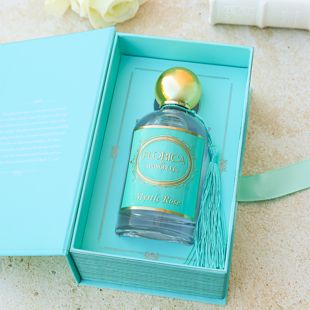 Spongellé Mystic Rose Eau de Parfum bottle, a floral body fragrance with a sleek design and elegant packaging.