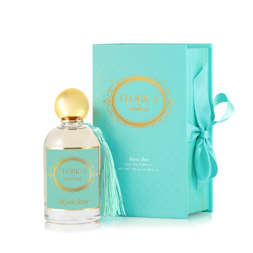 Spongellé Mystic Rose Eau de Parfum body fragrance bottle with floral rose design and elegant packaging.