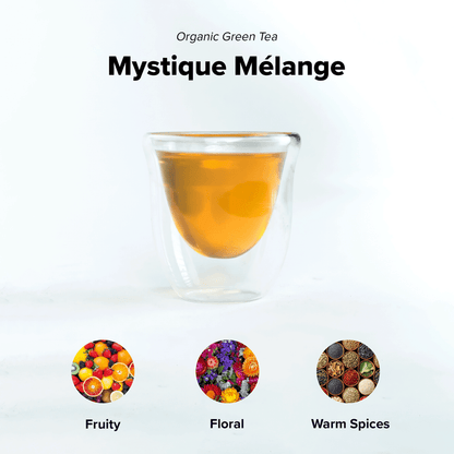 Organic Mystique Mélange tea blend by Nepal Tea with a colorful, aromatic mix of herbs and spices in a tea package.