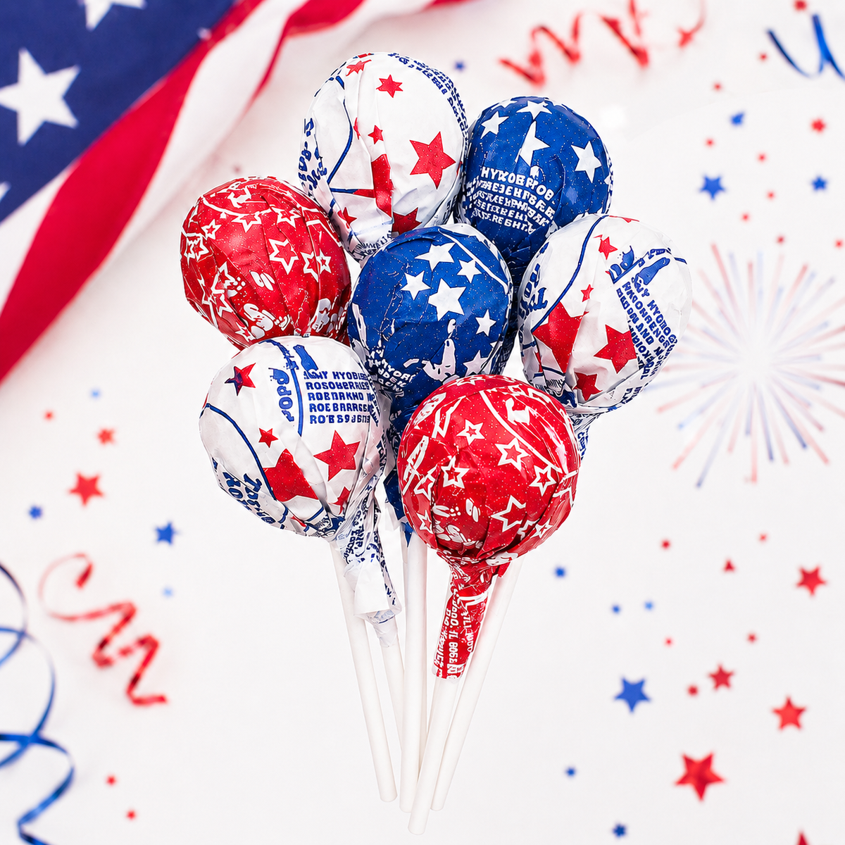 Assorted Tootsie Roll Pop Patriotic lollipops in red, white, and blue colors from Candy In Bulk, displayed in a bulk bag.