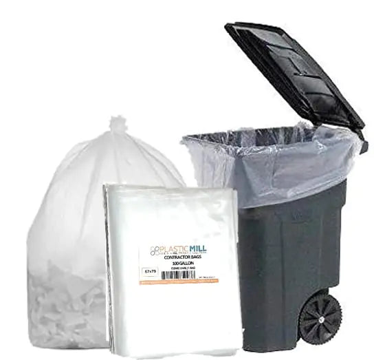 PlasticMill Contractor Bags Heavy Duty - Commercial Industrial Garbage Bags - Clear Construction Trash Bags - Outdoor Garden Trash Bags 100-Gallon 3 Mil 67"x79" (1-Count)