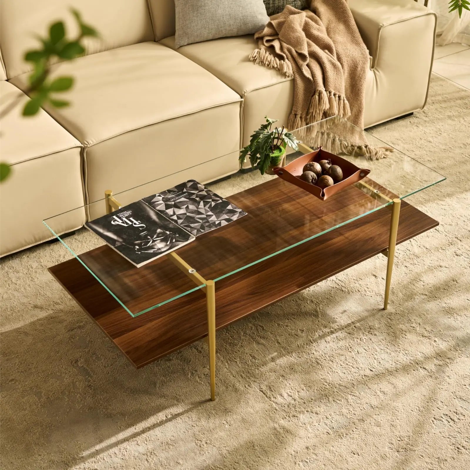 Saint Mossi Tadio X-Large Glass Coffee Table Clear Double Layer Glass Coffee Table for Living Room Clear Glass & Coffee Brown Bottom Shelf