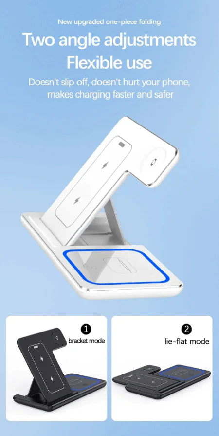 3-in-1 LED Fast Wireless Charger Stand – Foldable Charging Station for iPhone, Apple Watch & AirPods (Black/White)