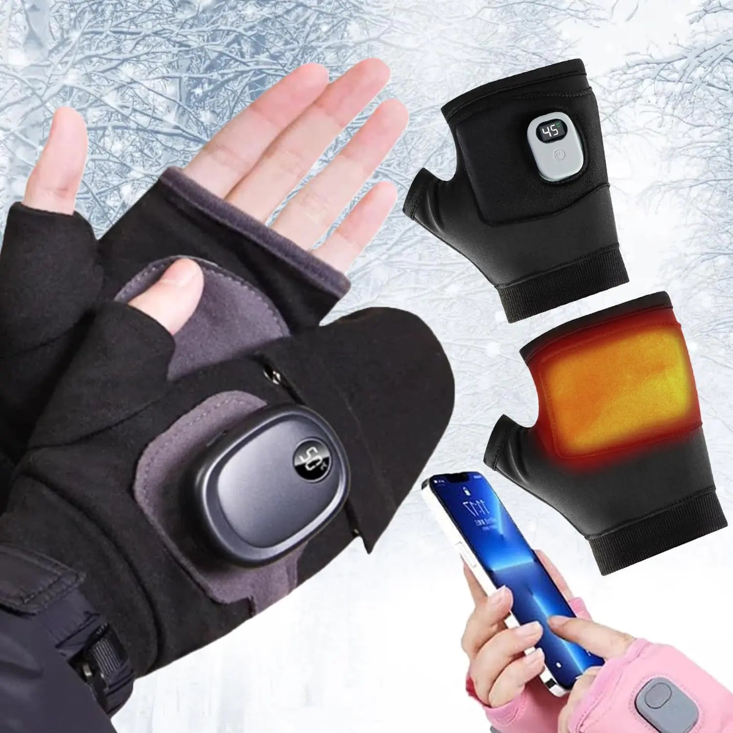 Portable Heating Gloves with Digital Display Fingerless Heated Gloves Smart Thermostatic Heated Fingerless Gloves Fingerless Gloves Rechargeable for Men Women (Black)